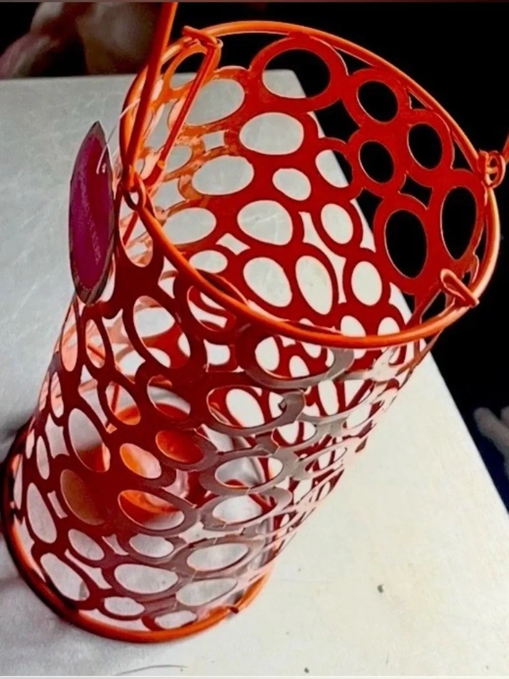 Orange Hanging Tealight Holder Metal Lantern Circle Cutout Boho Decor
